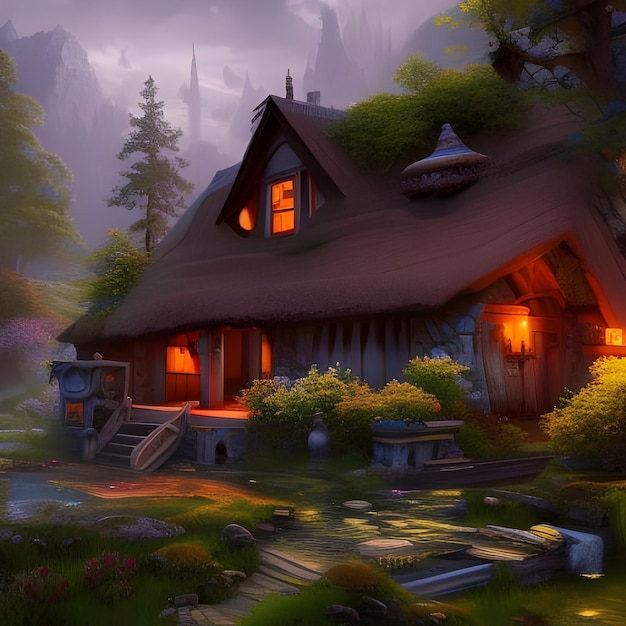 Картина дома в лесу с красной крышей.