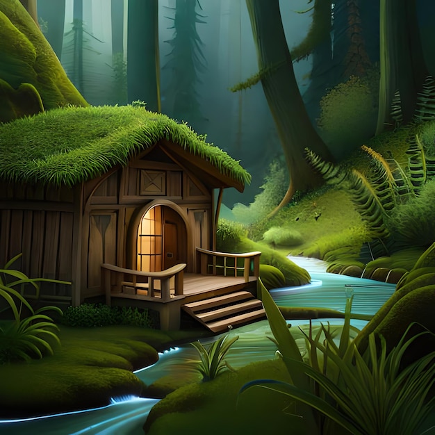 개울이 흐르는 숲 속의 집 그림.