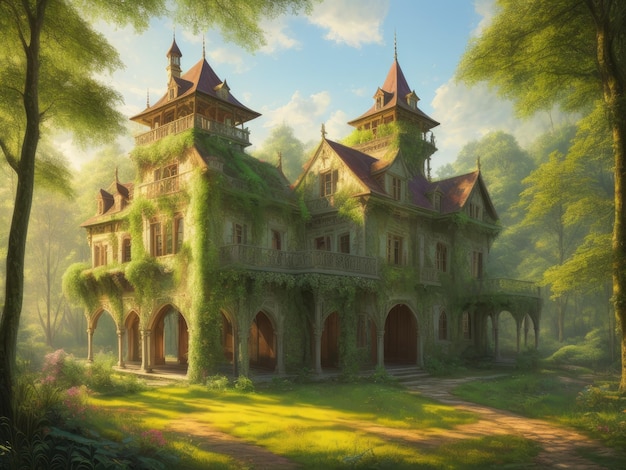 A painting of a house in the forest