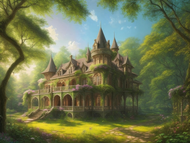 A painting of a house in the forest