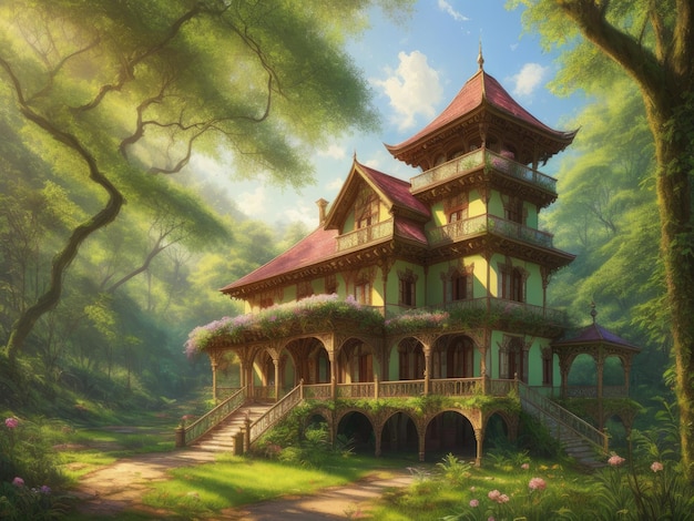 A painting of a house in the forest