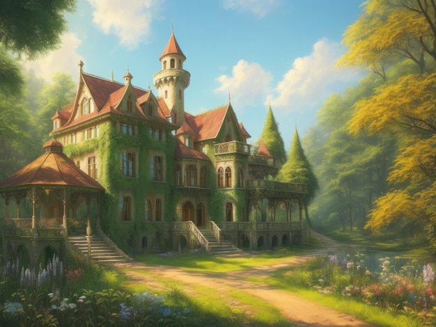 A painting of a house in the forest