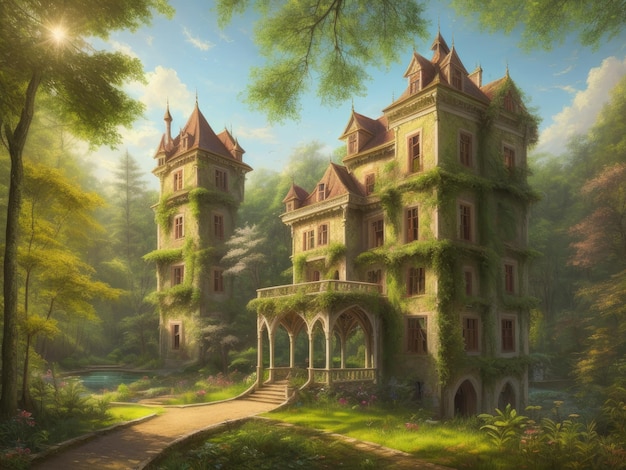 A painting of a house in the forest
