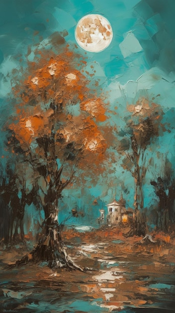 A painting of a house in the forest