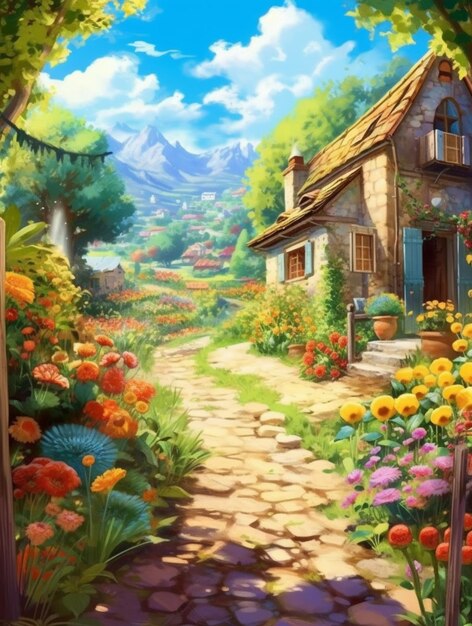 A painting of a house in a garden with flowers and a bench generative ai