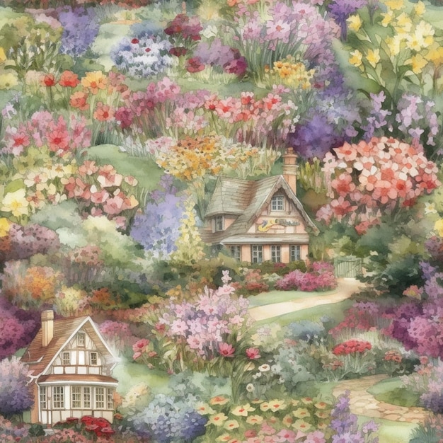花がたくさんく庭の家を描く