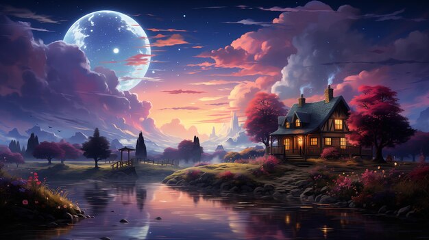 夜の川を見下ろす丘の上の家の絵生成ai