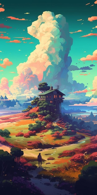 A painting of a house on a hill with clouds in the background