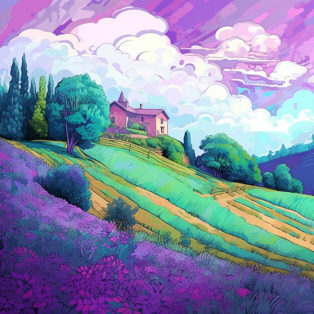 Painting of a house on a hill with a field of flowers generative ai