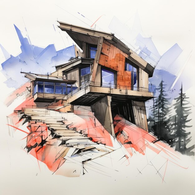 painting of a house on a hill with a steep slope generative ai