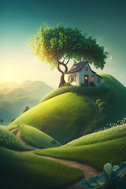 Painting of a house on a hill with a tree on top generative ai