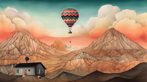 A painting of a house and a hot air balloon flying over a mountain.