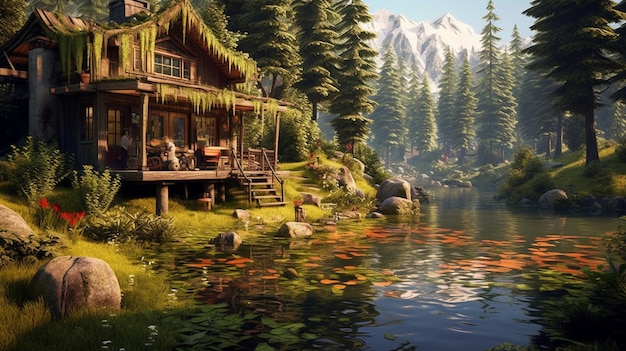 Painting of a house on a lake in the foreground