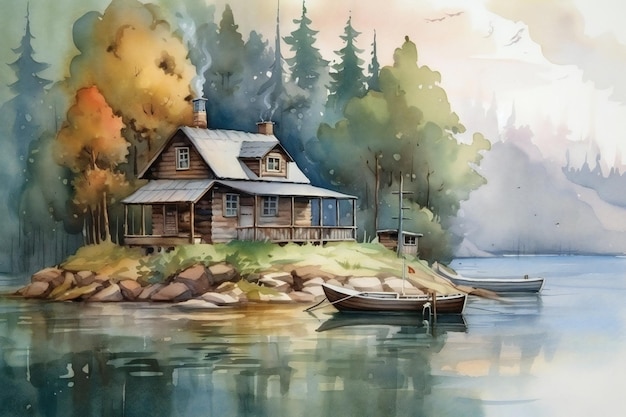 A painting of a house on a lake with a boat in the foreground.