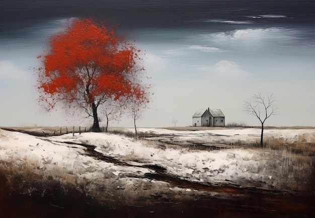 a painting of a house in the middle of a field with a tree in the background