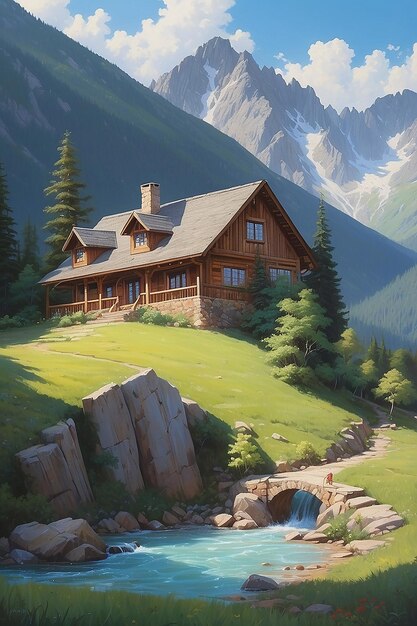 A painting of a house in the mountains