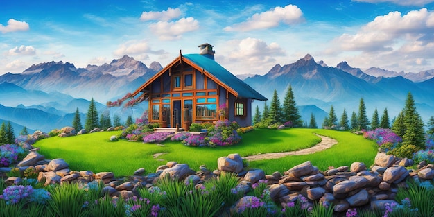 A painting of a house in the mountains