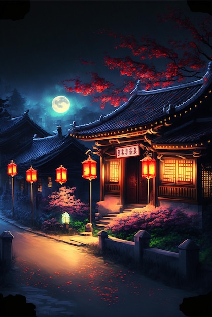 Premium AI Image | Painting of a house at night with a full moon in the ...