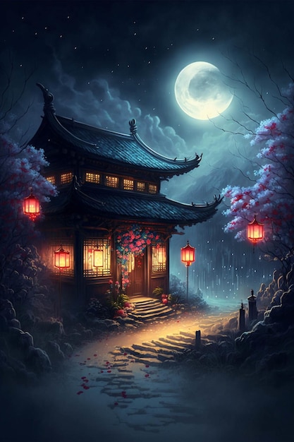 Painting of a house at night with a full moon in the sky generative ai