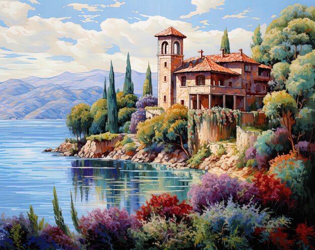 a painting of a house overlooking a lake with a view of the mountains and water