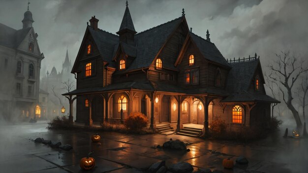 A Painting Of A House On A Rainy Night