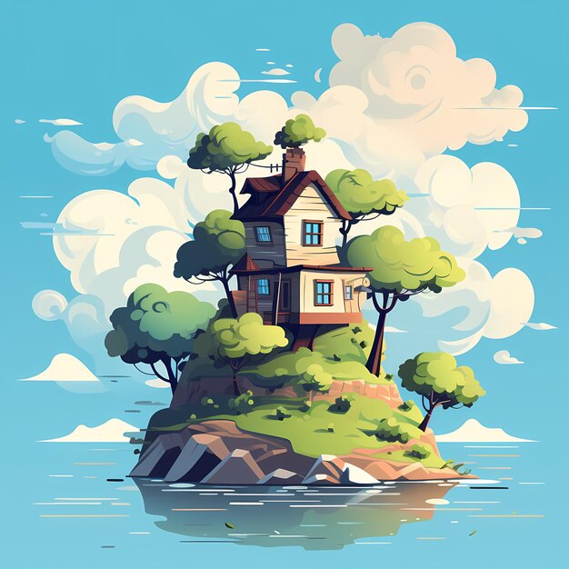 A painting of a house on a rock by the water