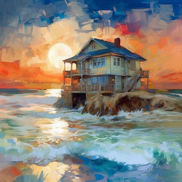painting of a house on a rock in the ocean at sunset generative ai