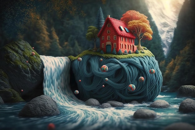 A painting of a house on a rock with a waterfall in the background.