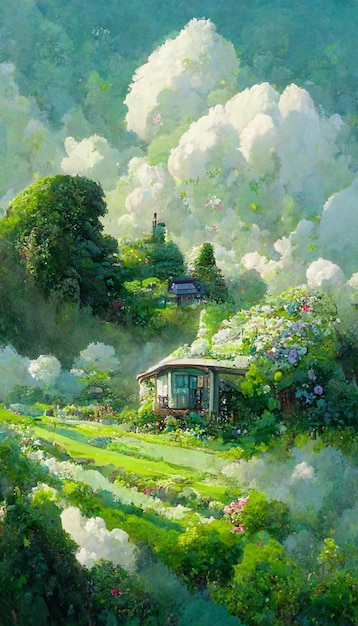 Premium AI Image | Painting of a house sitting on top of a lush green ...