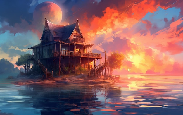 Painting of a house on a small island with a full moon in the sky generative ai