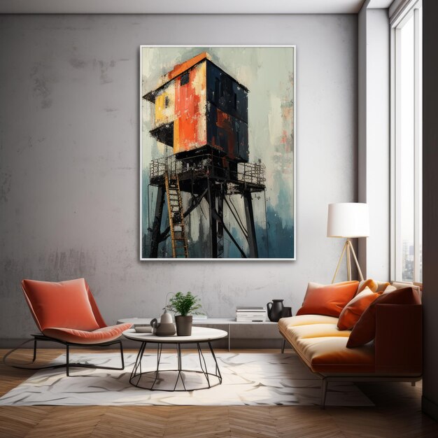 a painting of a house on a stand in a room