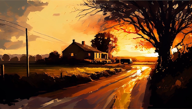 A painting of a house in the sunset