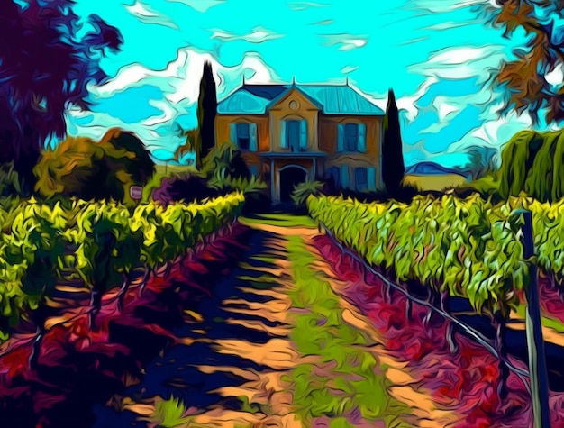 A painting of a house in a vineyard