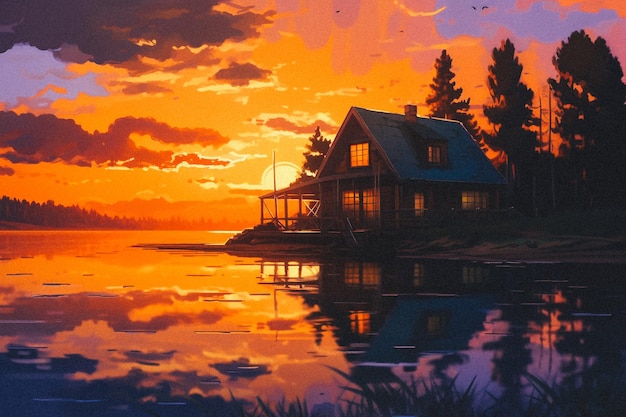 A painting of a house on the water with the sun setting behind it