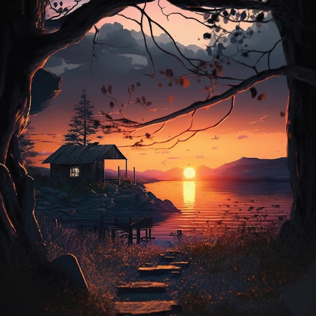 A painting of a house on the water with the sun setting behind it.