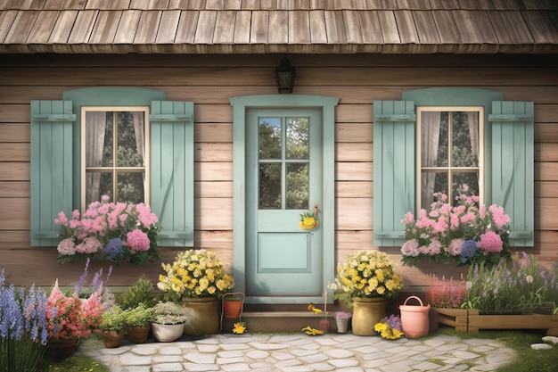 青いドアと鉢植えの花のある家の絵。