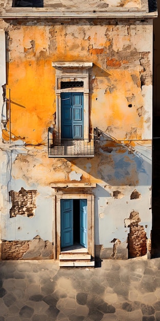 Photo a painting of a house with a blue door and a yellow door