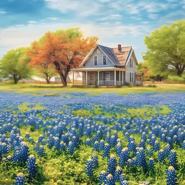 A painting of a house with a blue flowering plant in front of it