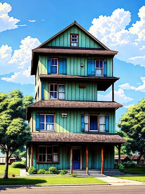 A painting of a house with a blue roof and the words " the word " on the front. "