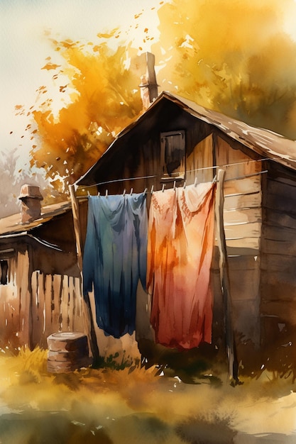 A painting of a house with a blue shirt hanging on a line.