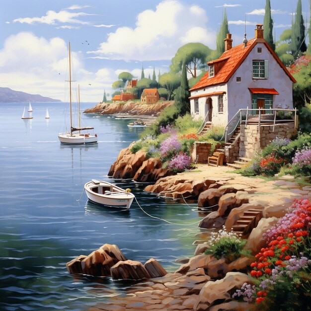 a painting of a house with a boat in the water