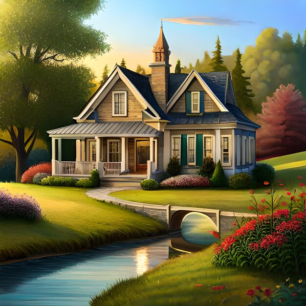 A painting of a house with a bridge in the background