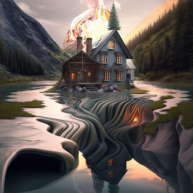 A painting of a house with a burning fire in the background