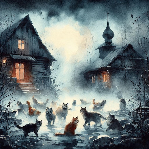 картина дома с кошкой и домом на заднем плане