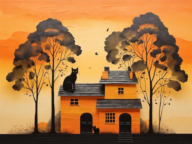 Photo a painting of a house with a cat on the roof