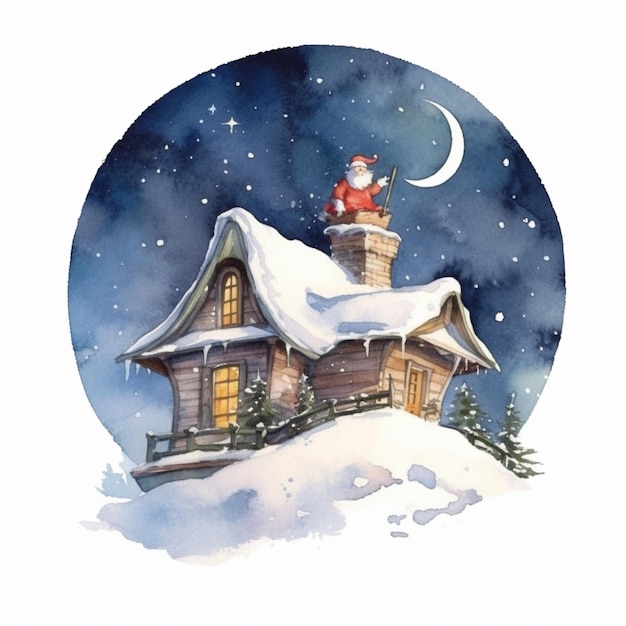 Painting of a house with a chimney and a santa clause on top generative ai