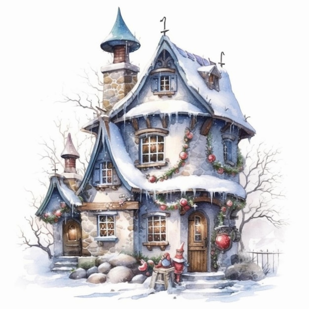 크리스마스 트리와 장식품이 있는 집의 그림