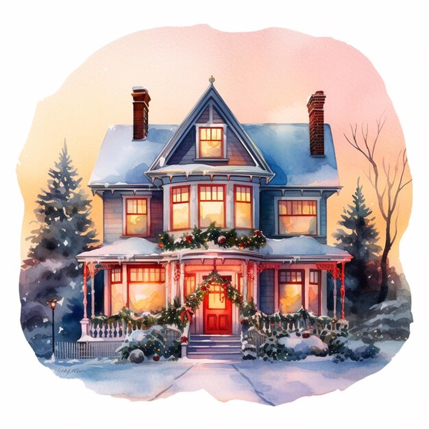 Photo painting of a house with a christmas wreath on the front door generative ai