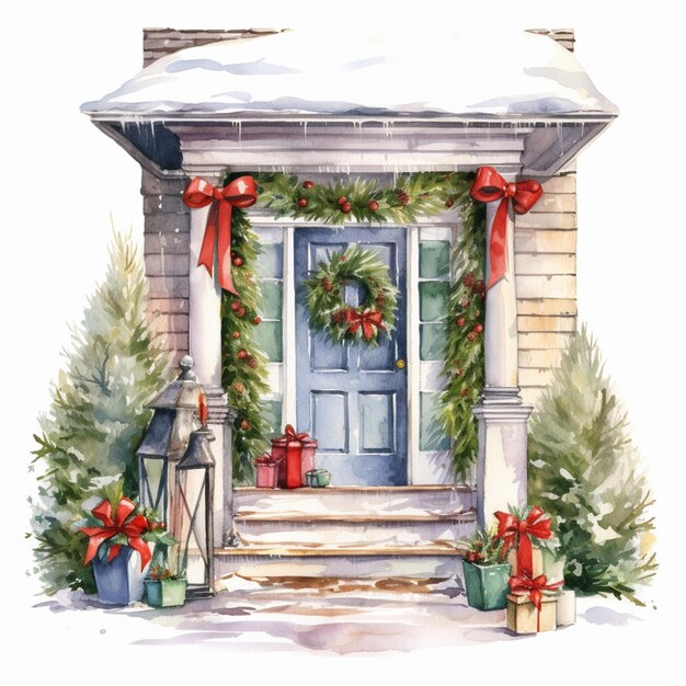 A painting of a house with a christmas wreath and presents on the front door generative ai