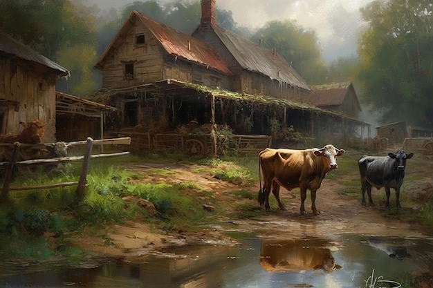A painting of a house with a cow in the foreground